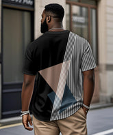 Men's Plus Size Daily Casual Black Stripe Print Henry Collar Button Short Sleeve T-Shirt